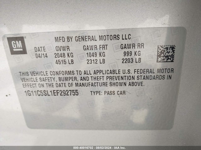 Chevrolet MALIBU 1LT 2014 1G11C5SL1EF292755 Image 9