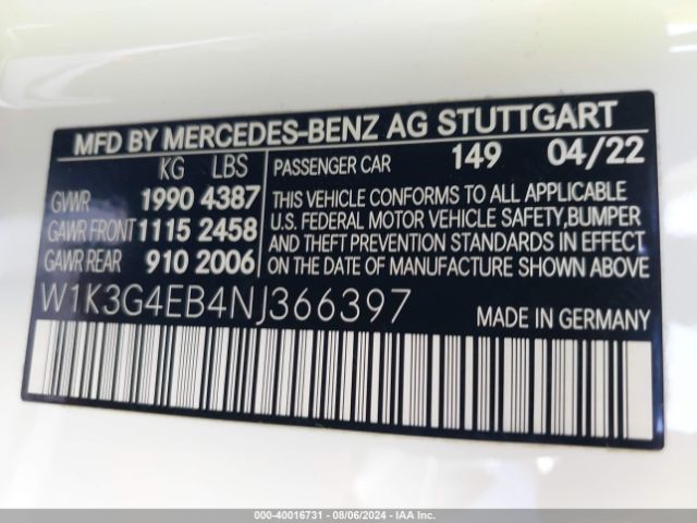 W1K3G4EB4NJ366397 Mercedes-Benz A 220