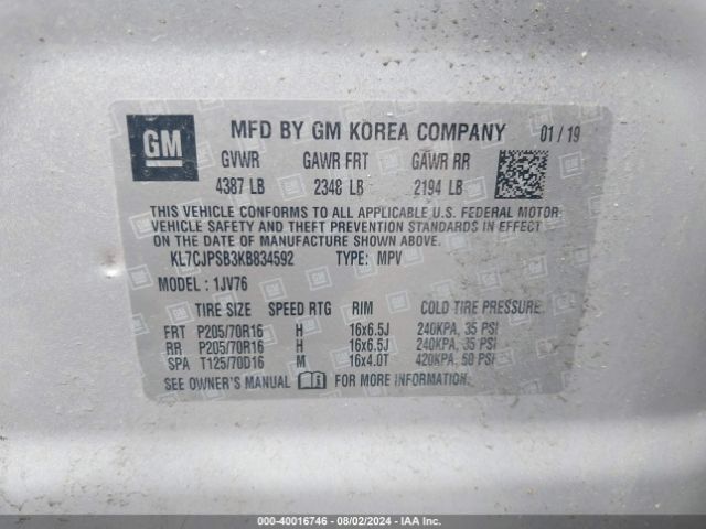 KL7CJPSB3KB834592 Chevrolet Trax Lt