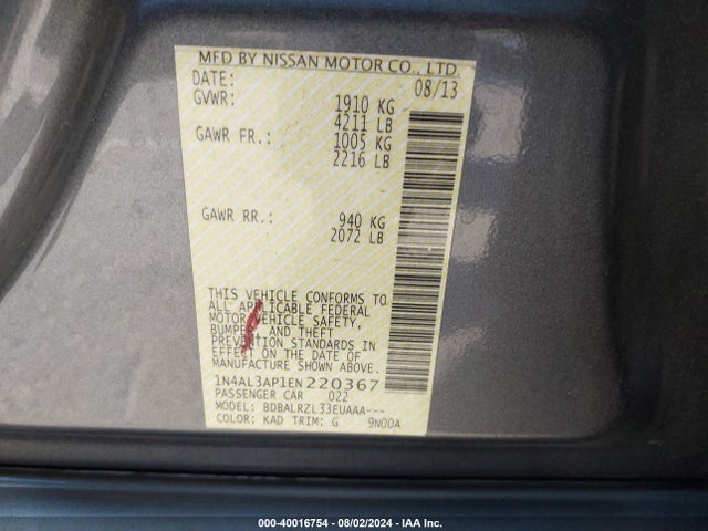 Nissan Altima 2.5 S 2014 1N4AL3AP1EN220367 Image 9