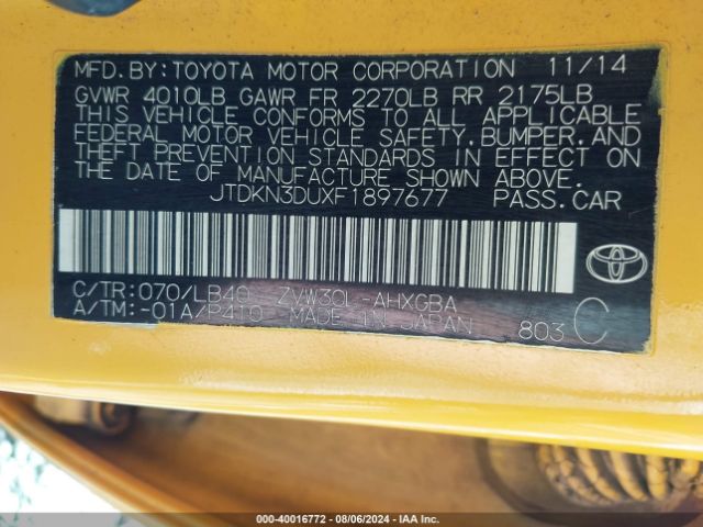 JTDKN3DUXF1897677 Toyota Prius Four