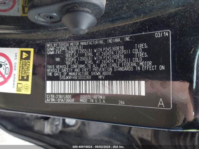 5TDJKRFH9ES032269 Toyota Highlander Xle V6