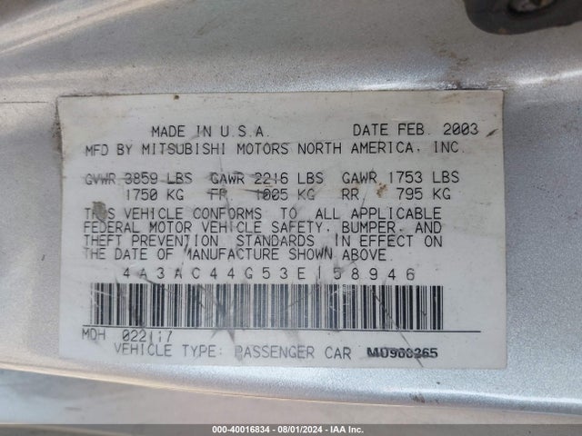 2003 MITSUBISHI ECLIPSE 4A3AC44G53E158946 Photo 8
