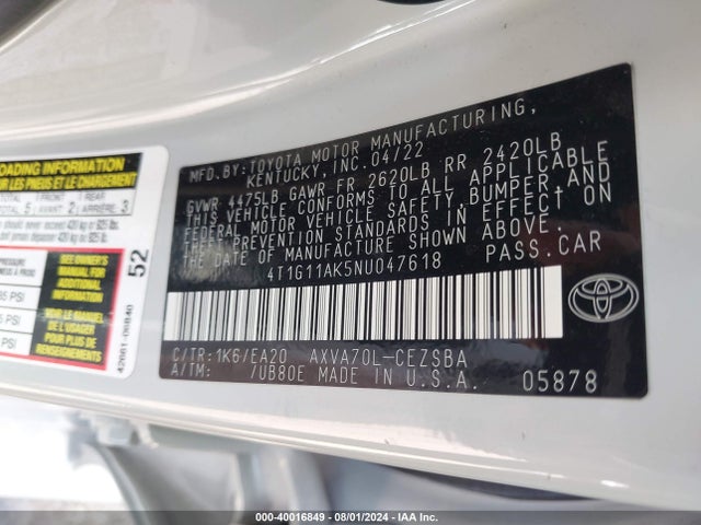 Toyota CAMRY SE 2022 4T1G11AK5NU047618 Image 9
