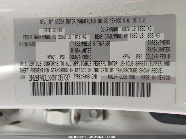 3MZBPADLXKM105737 Mazda Mazda3 Preferred Package