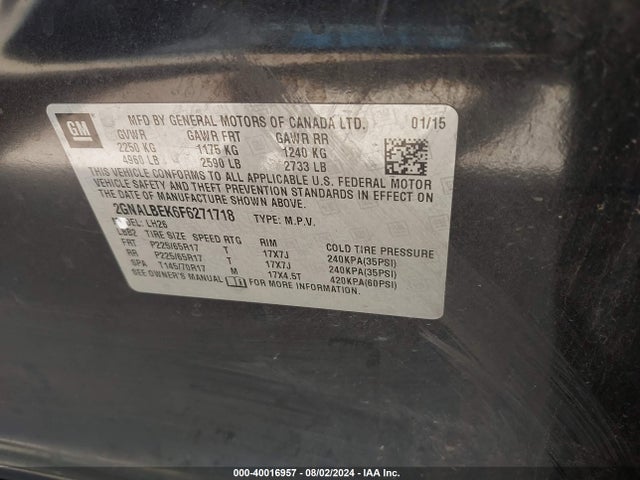 Chevrolet EQUINOX 1LT 2015 2GNALBEK6F6271718 Image 9