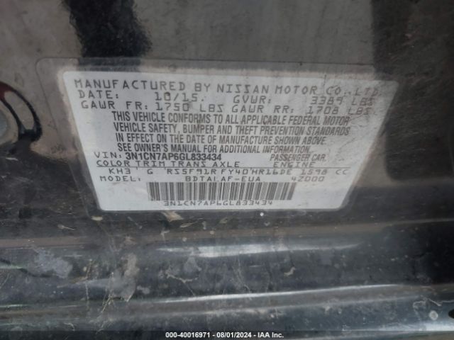 3N1CN7AP6GL833434 Nissan Versa 1.6 S