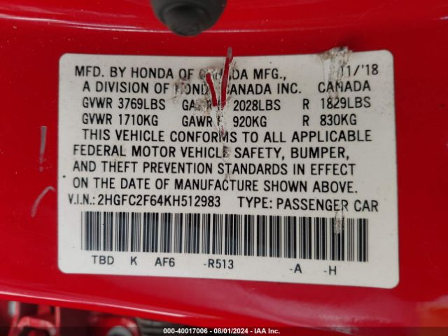 2HGFC2F64KH512983 Honda Civic Lx