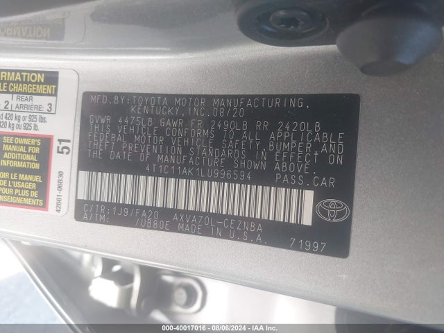 Toyota CAMRY LE 2020 4T1C11AK1LU996594 Image 9