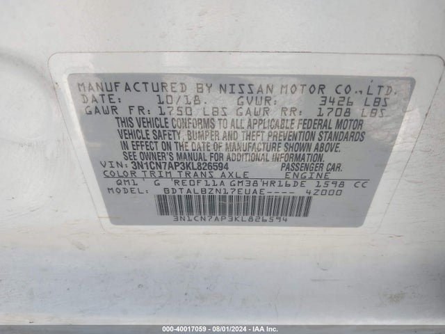 Nissan Versa 1.6 Sv 2019 3N1CN7AP3KL826594 Image 9