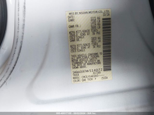1N6AA1E67HN514072 Nissan Titan Platinum Reserve