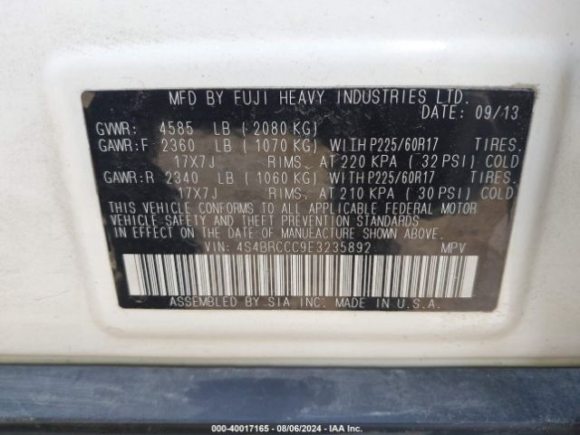 4S4BRCCC9E3235892 Subaru Outback 2.5i Premium