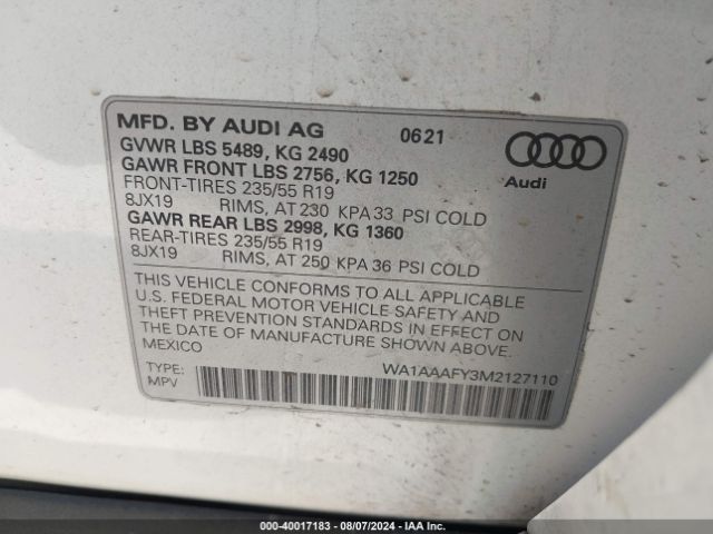 WA1AAAFY3M2127110 Audi Q5 Premium 45 Tfsi Quattro S Tronic