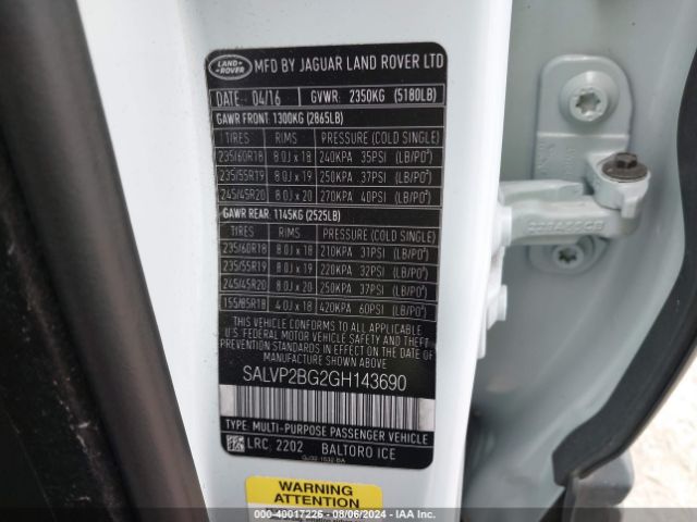 SALVP2BG2GH143690 Land Rover Range Rover Evoque Se/se Premium