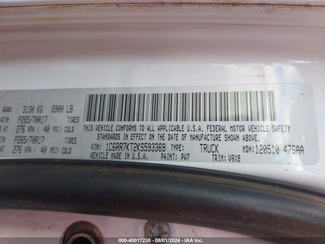 1C6RR7KT2KS593369 RAM 1500 Classic Tradesman  4x4 5'7 Box