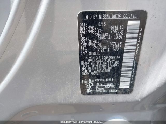 JN8AE2KP1F9131913 Nissan Quest Platinum/s/sl/sv