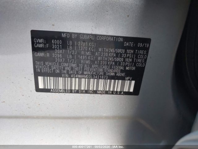 4S4WMAMD3L3421873 Subaru Ascent Limited