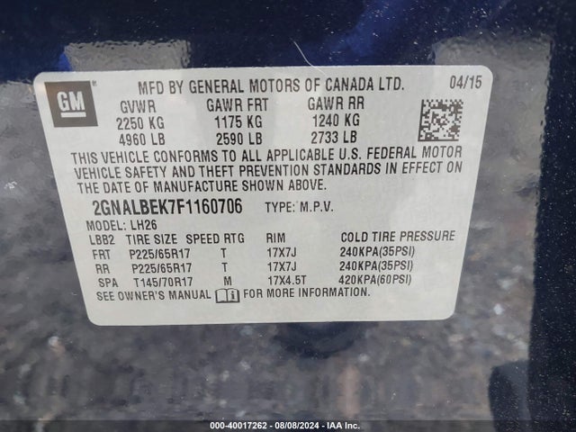 Chevrolet EQUINOX 1LT 2015 2GNALBEK7F1160706 Image 9