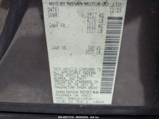 1N4AL3AP2GN309786 Nissan Altima 2.5/2.5 S/2.5 Sl/2.5 Sr/2.5 Sv