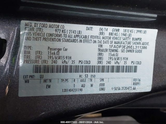 1FADP3E26EL311386 Ford FOCUS S