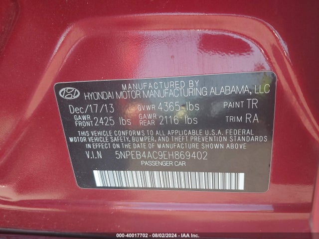Hyundai SONATA GLS 2014 5NPEB4AC9EH869402 Image 9
