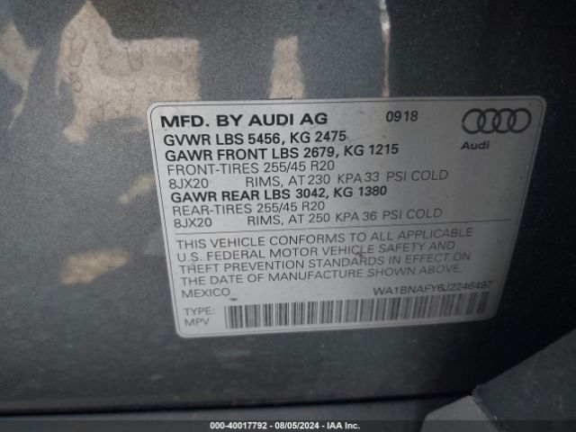WA1BNAFY6J2246497 Audi Q5 2.0t Premium/2.0t Tech Premium