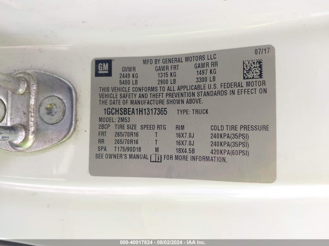 Chevrolet Colorado Wt 2017 1GCHSBEA1H1317365 Image 9