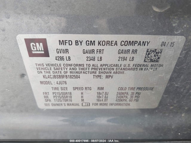 Buick Encore Convenience 2015 KL4CJBSB9FB182504 Image 9