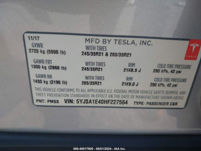 5YJSA1E40HF227564 Tesla Model S 100d/60d/75d/90d/p100d