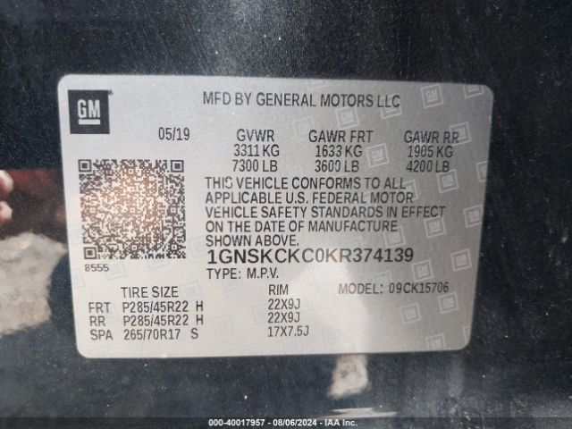 1GNSKCKC0KR374139 Chevrolet Tahoe Premier