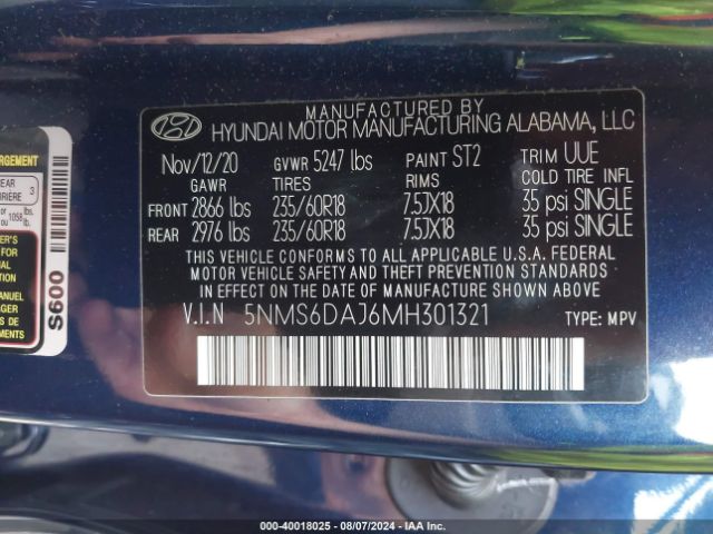5NMS6DAJ6MH301321 Hyundai Santa Fe Sel