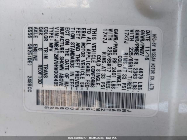 JN8AT2MV9HW006485 Nissan ROGUE S
