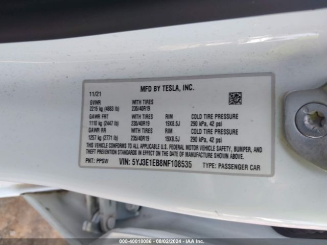 2022 TESLA MODEL 3 5YJ3E1EB8NF108535 Photo 8