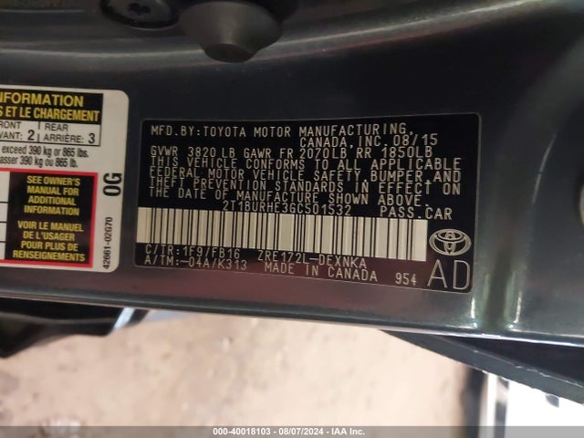 Toyota COROLLA LE 2016 2T1BURHE3GC501532 Image 9