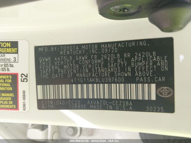 4T1G11AK8LU397600 Toyota Camry Se Nightshade Edition