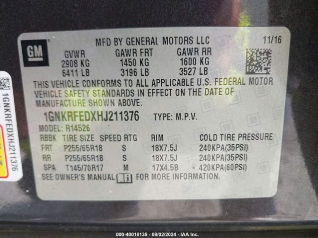 1GNKRFEDXHJ211376 Chevrolet Traverse Ls