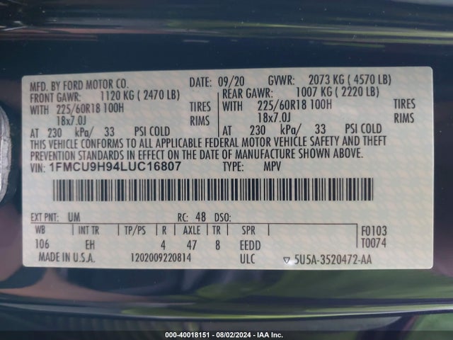 Ford ESCAPE SEL 2020 1FMCU9H94LUC16807 Image 9