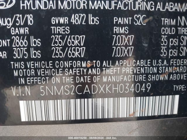5NMS2CADXKH034049 Hyundai Santa Fe Se