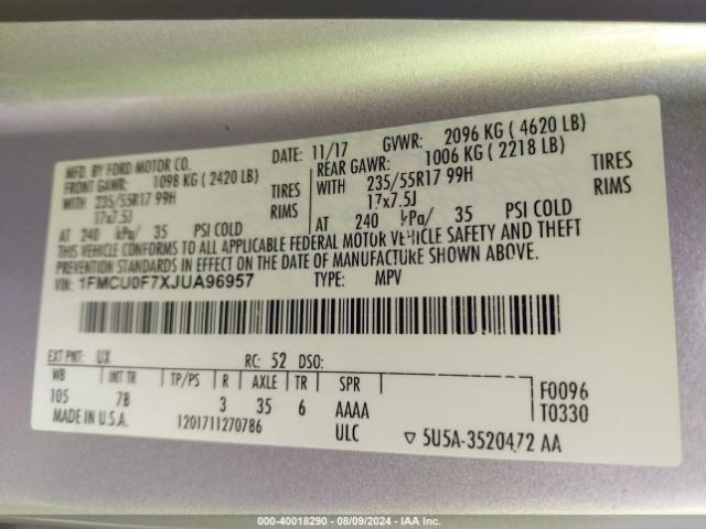 1FMCU0F7XJUA96957 Ford ESCAPE S