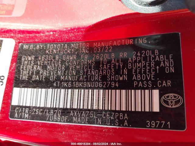 4T1K61BK9NU062794 Toyota Camry Xse Awd