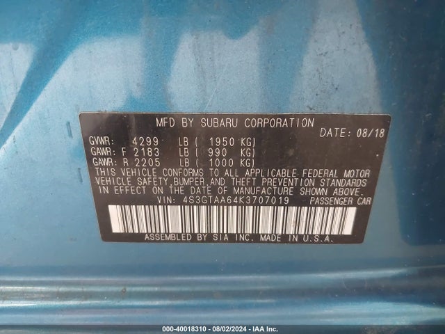 Subaru Impreza 2.0i 2019 4S3GTAA64K3707019 Image 9