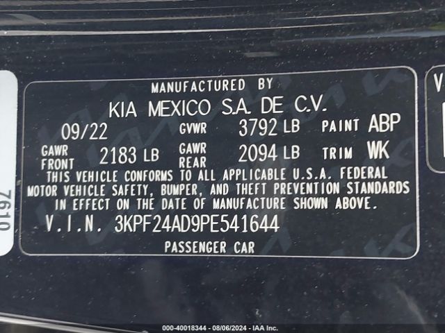 3KPF24AD9PE541644 KIA Forte Lxs