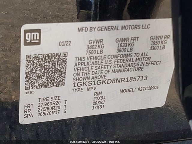 1GKS1GKD8NR185713 GMC Yukon Xl 2wd Slt