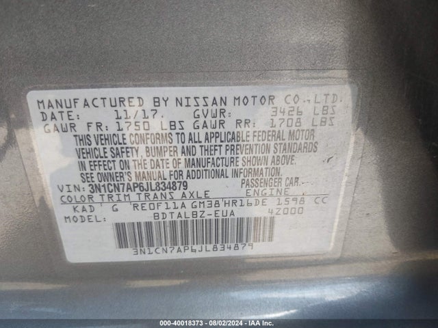 Nissan Versa 1.6 Sv 2018 3N1CN7AP6JL834879 Image 9