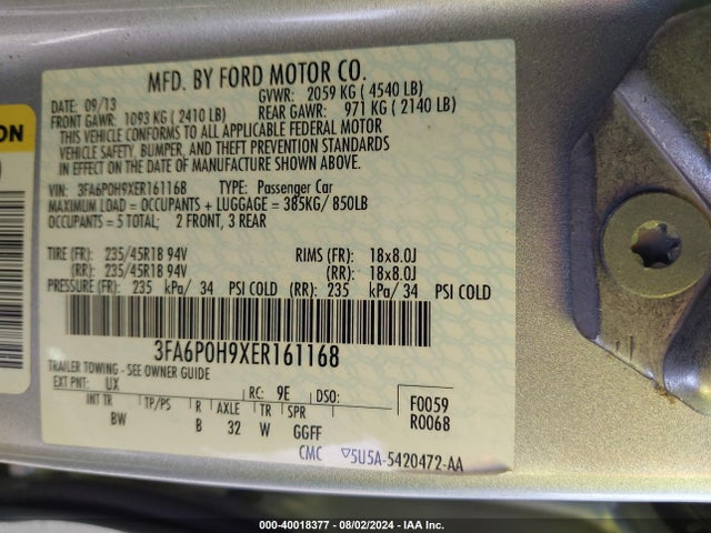 Ford FUSION SE 2014 3FA6P0H9XER161168 Image 9