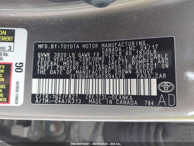 Toyota COROLLA LE 2017 2T1BURHE5HC894578 Image 9