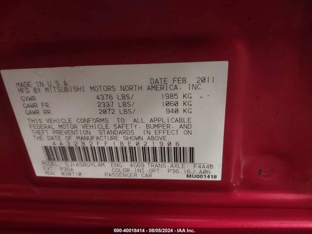 2011 MITSUBISHI GALANT 4A32B2FF1BE021906 Photo 8
