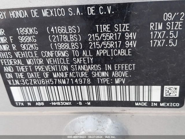 3CZRU6H57NM714978 Honda Hr-v Awd Ex