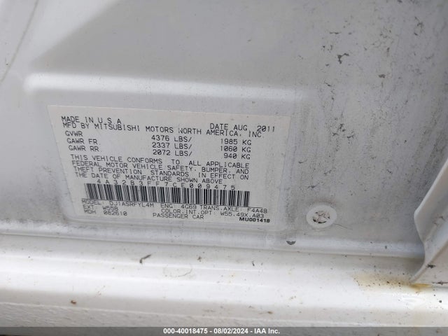 2012 MITSUBISHI GALANT 4A32B3FF7CE009475 Photo 8