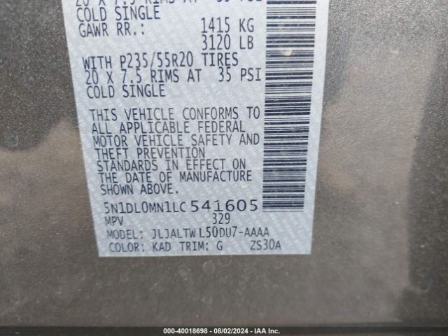 5N1DL0MN1LC541605 Infiniti QX60 LUXE